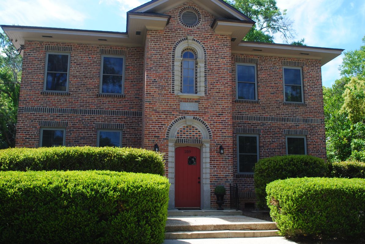 Historic commercial building with clay windows